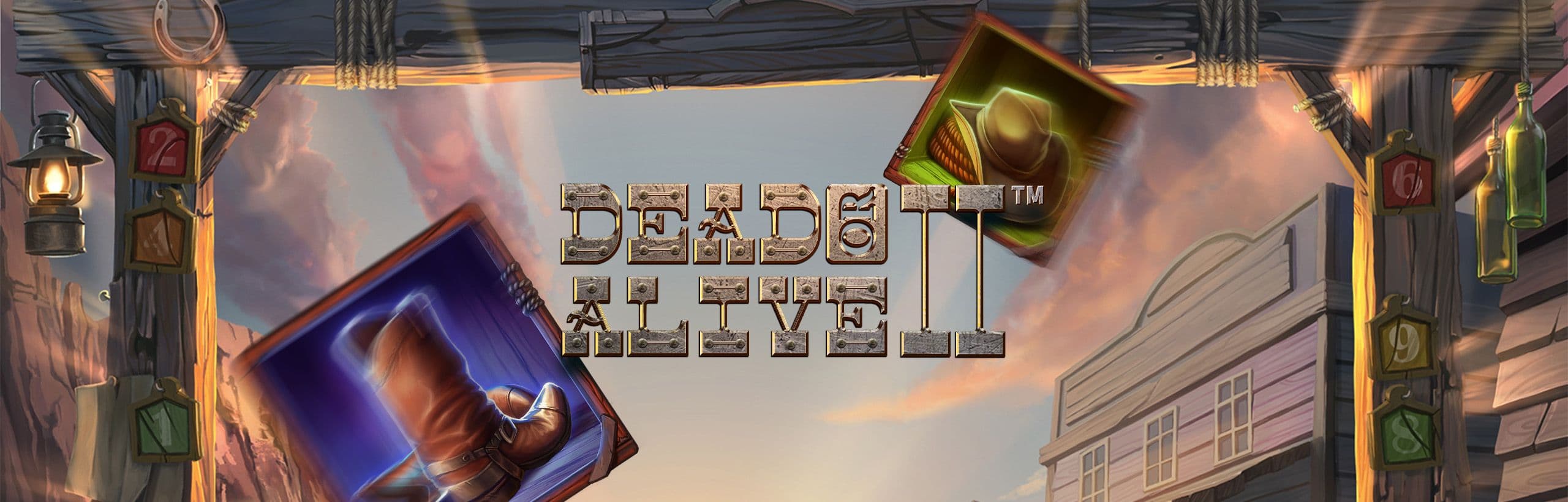 Machine à sous Dead or Alive 2 dans une ambiance Western avec des revolvers et du Far West